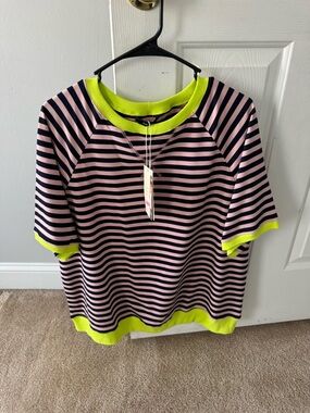 Striped Pink & Black Short-Sleeve Sweatshirt with Neon Trim